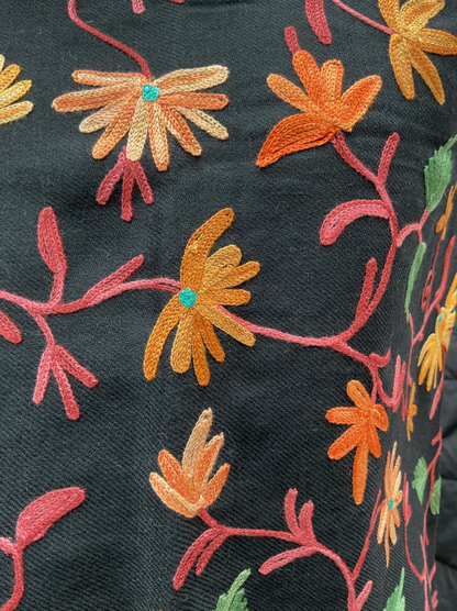 AISHITERU - Noire Embroidered Wool Shawl - Golden Floral Glam in Black ✨🧣