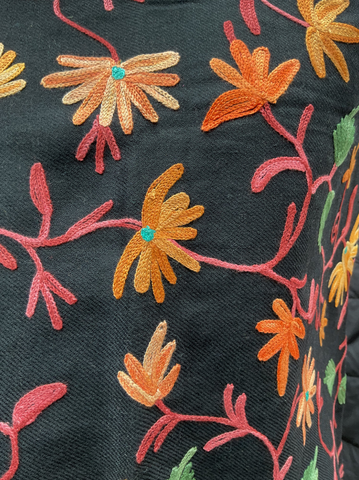 AISHITERU - Noire Embroidered Wool Shawl - Golden Floral Glam in Black ✨🧣