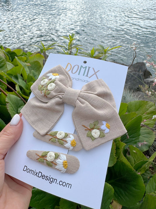 Handmade Linen Hair Bow & Clips with Floral Embroidery