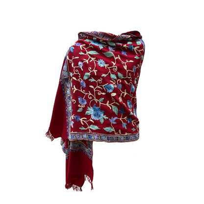 AISHITERU - Seraphina Embroidered Wool Shawl - Crimson Florals Shine ✨🧣