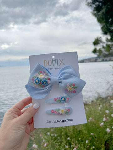 Toddler & Girl Hair Bow Set – Linen with Floral Design