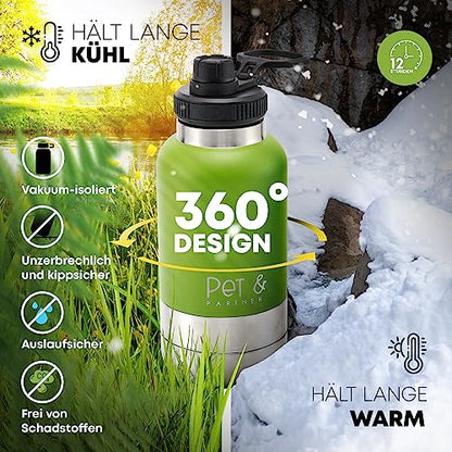 PET & PARTNER Trinkflasche Edelstahl | Inkl. 2X Hundenapf für unterwegs & Kotbeutelspender [+ EXTRAFACH] Tasche + Trinkflasche 950ml - Farbe wählbar