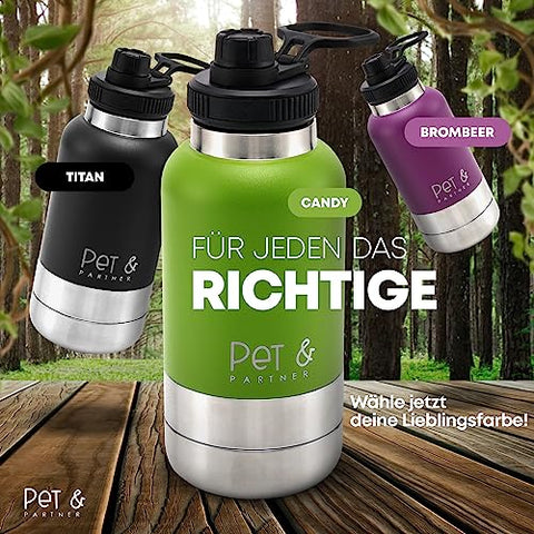PET & PARTNER Trinkflasche Edelstahl | Inkl. 2X Hundenapf für unterwegs & Kotbeutelspender [+ EXTRAFACH] Tasche + Trinkflasche 950ml - Farbe wählbar