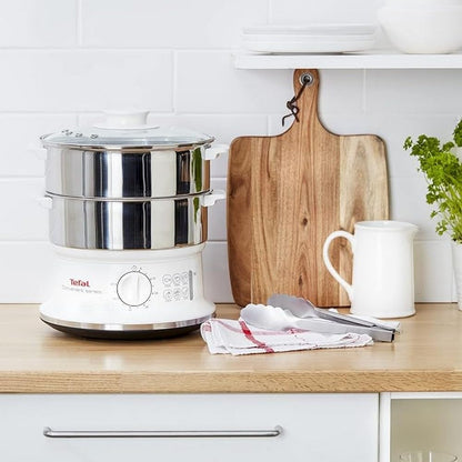 Tefal Dampfgarer VC1451 | 2 Edelstahlbehälter | 6L Fassungsvermögen | 24cm Durchmesser | Timer und automatische Abschaltung | 900W | Weiß