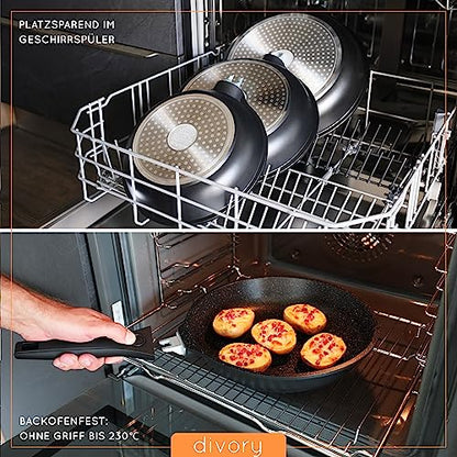 DIVORY Pfannenset 3-teilig Pfanne 20cm, 24cm, 28cm mit abnehmbaren Griff, Induktion, Antihaft-Beschichtete Bratpfanne hoch + Pfannenschoner - Induktionspfanne