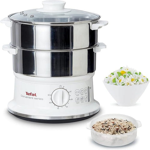Tefal Dampfgarer VC1451 | 2 Edelstahlbehälter | 6L Fassungsvermögen | 24cm Durchmesser | Timer und automatische Abschaltung | 900W | Weiß