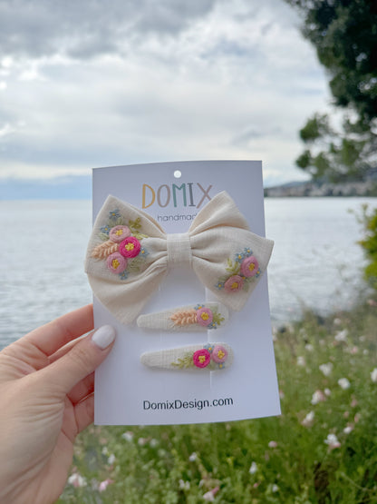Embroidered Daisy & Rose Hair Bow and Clips Set