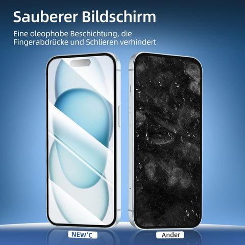 NEW'C 3 Stück, Panzer Schutz Glas für iPhone 16, iPhone 15, iPhone 15 Pro (6,1 Zoll), Frei von Kratzern, 9H Härte, HD Displayschutzfolie, 0.33mm Ultra-klar, Ultrabeständi