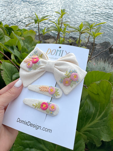 Embroidered Daisy & Rose Hair Bow and Clips Set