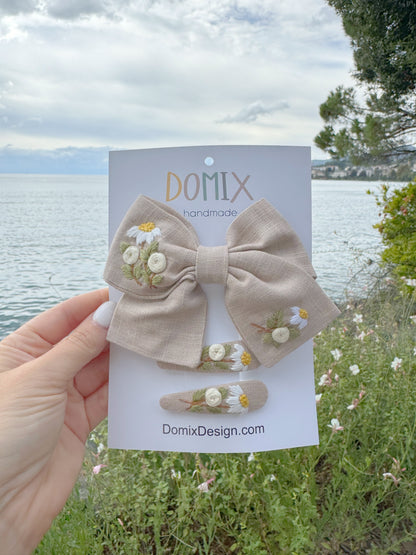Handmade Linen Hair Bow & Clips with Floral Embroidery