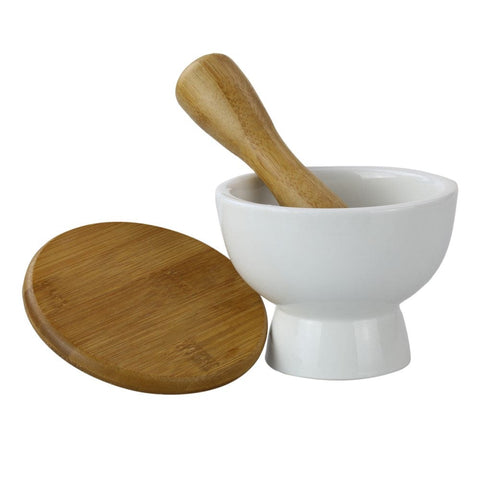 Gewürz Mörser Set aus Bambus & Keramik mit Stößel & Deckel