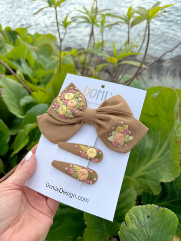 Vintage Style Linen Hair Bow and Matching Clips