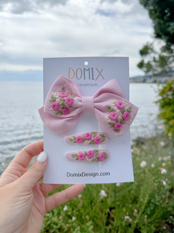 Handmade Linen Hair Accessories Set – Bow & Clips with Floral Embroidery