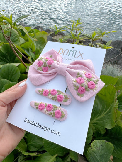 Handmade Linen Hair Accessories Set – Bow & Clips with Floral Embroidery