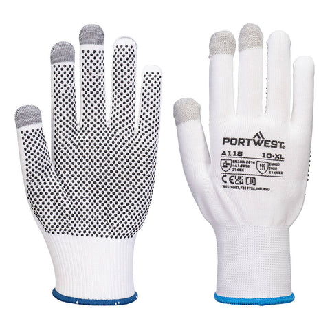 Portwest Grip 13 PVC gepunkteter Touchscreen-Handschuh (Pk12) – A118 – Weiss/Grau