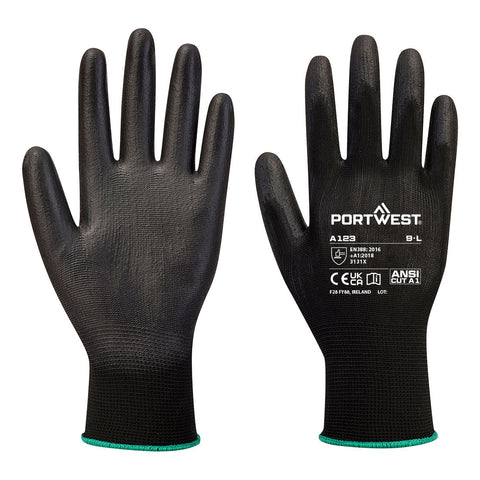 Portwest PU-Handschuh mit der Handinnenfläche Latexfrei - voller Karton (144) – A123 – Schwarz