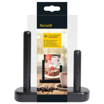 Securit® Acryl-Tischaufsteller mit lackiertem Fuss aus Hartholz