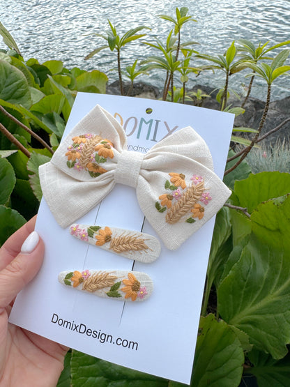 Hand-Embroidered Hair Accessories – Linen Bow with Flowers