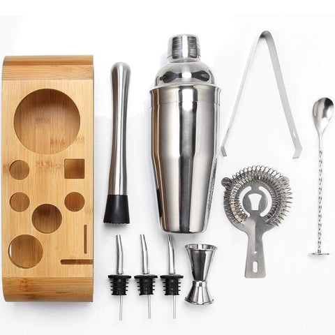 Cocktailset 10-teilig mit Holzhalterung – Shaker 750ml & Profi-Zubehör