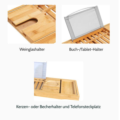 Badewannenablage Bambus 70cm – 2 Glashalter & Klappbarer Buchständer