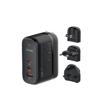 3-in-1 Turbo Charger 65W – 2x USB-C & 1x USB, Inkl. UK/EU/US Aufsätze