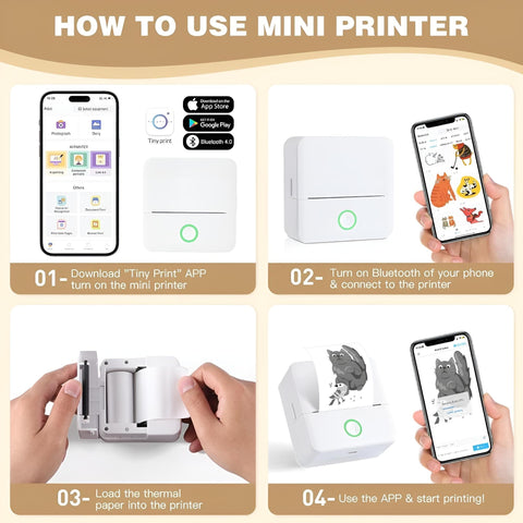 Tragbarer Mini-Drucker – Bluetooth, 800mAh, mit 5 Papierrollen