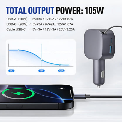2-in-1 Einziehbarer Car Charger – 105W, USB-A & USB-C, 70 cm Kabel