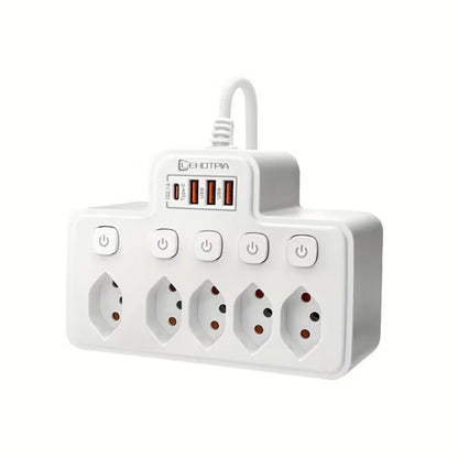 Mehrfachsteckdose mit USB – 5 Steckplätze, 3x USB-A, 1x USB-C, Überspannungsschutz