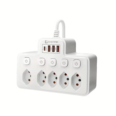 Mehrfachsteckdose mit USB – 5 Steckplätze, 3x USB-A, 1x USB-C, Überspannungsschutz