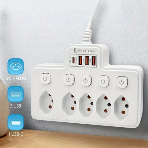Mehrfachsteckdose mit USB – 5 Steckplätze, 3x USB-A, 1x USB-C, Überspannungsschutz