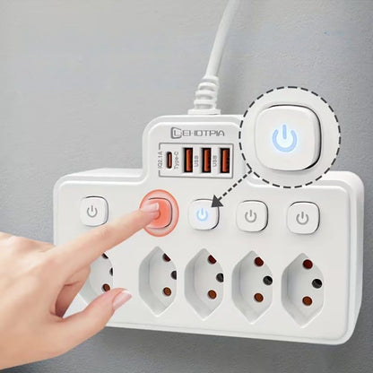 Mehrfachsteckdose mit USB – 5 Steckplätze, 3x USB-A, 1x USB-C, Überspannungsschutz