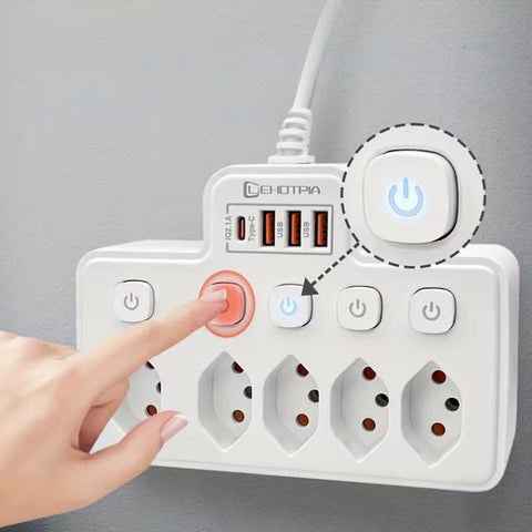 Mehrfachsteckdose mit USB – 5 Steckplätze, 3x USB-A, 1x USB-C, Überspannungsschutz