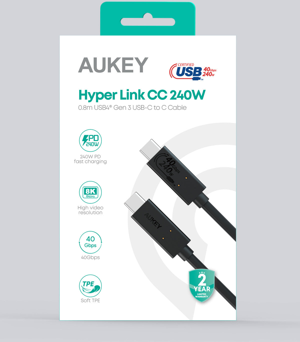 AUKEY Hyper Link Cable C to C USB4 CB-TCC241 Gen2, 0.8m, 240W