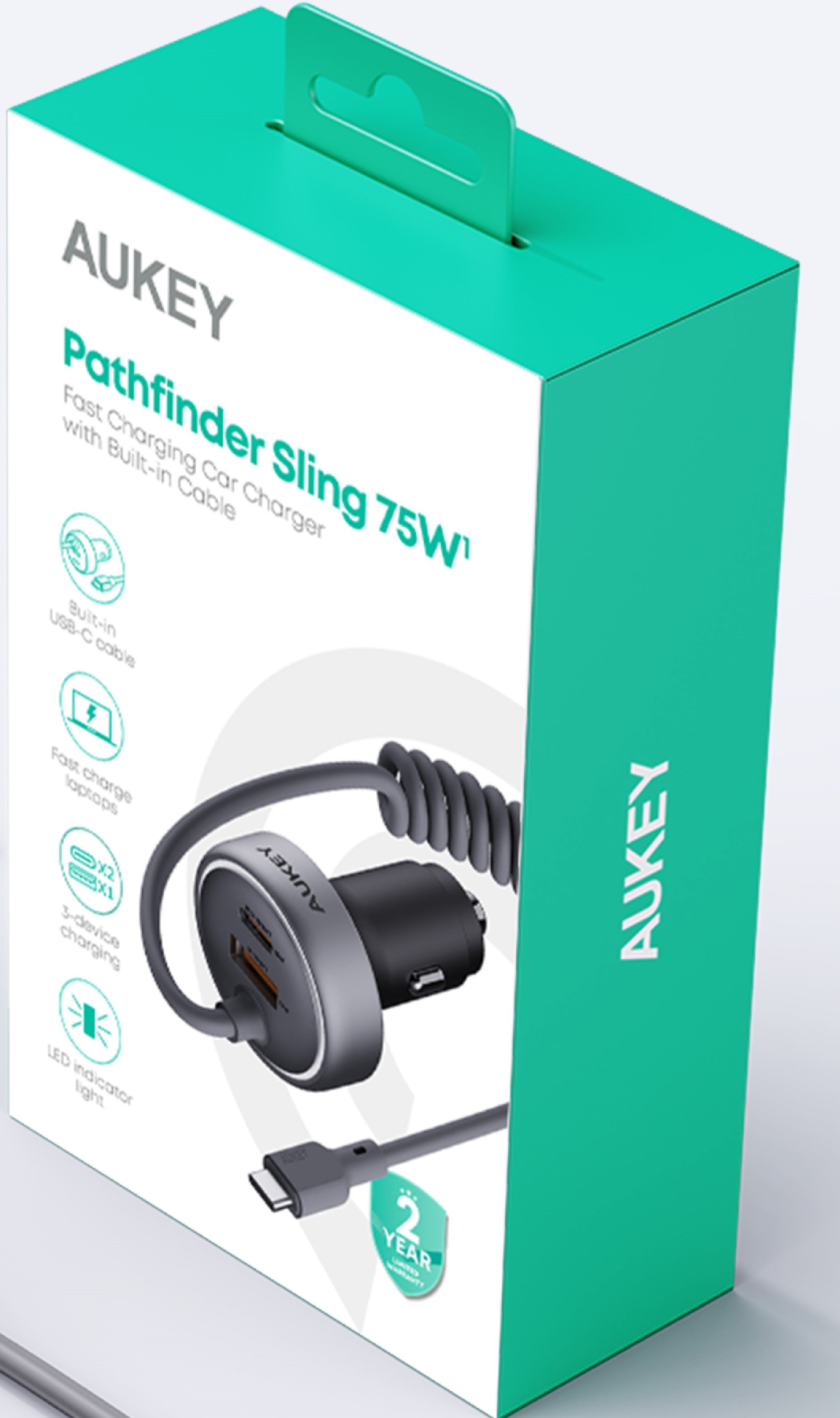 AUKEY Pathfinder Sling Car Char. CC-P2 2-Port,USB-A&C,Buit-in-Cable