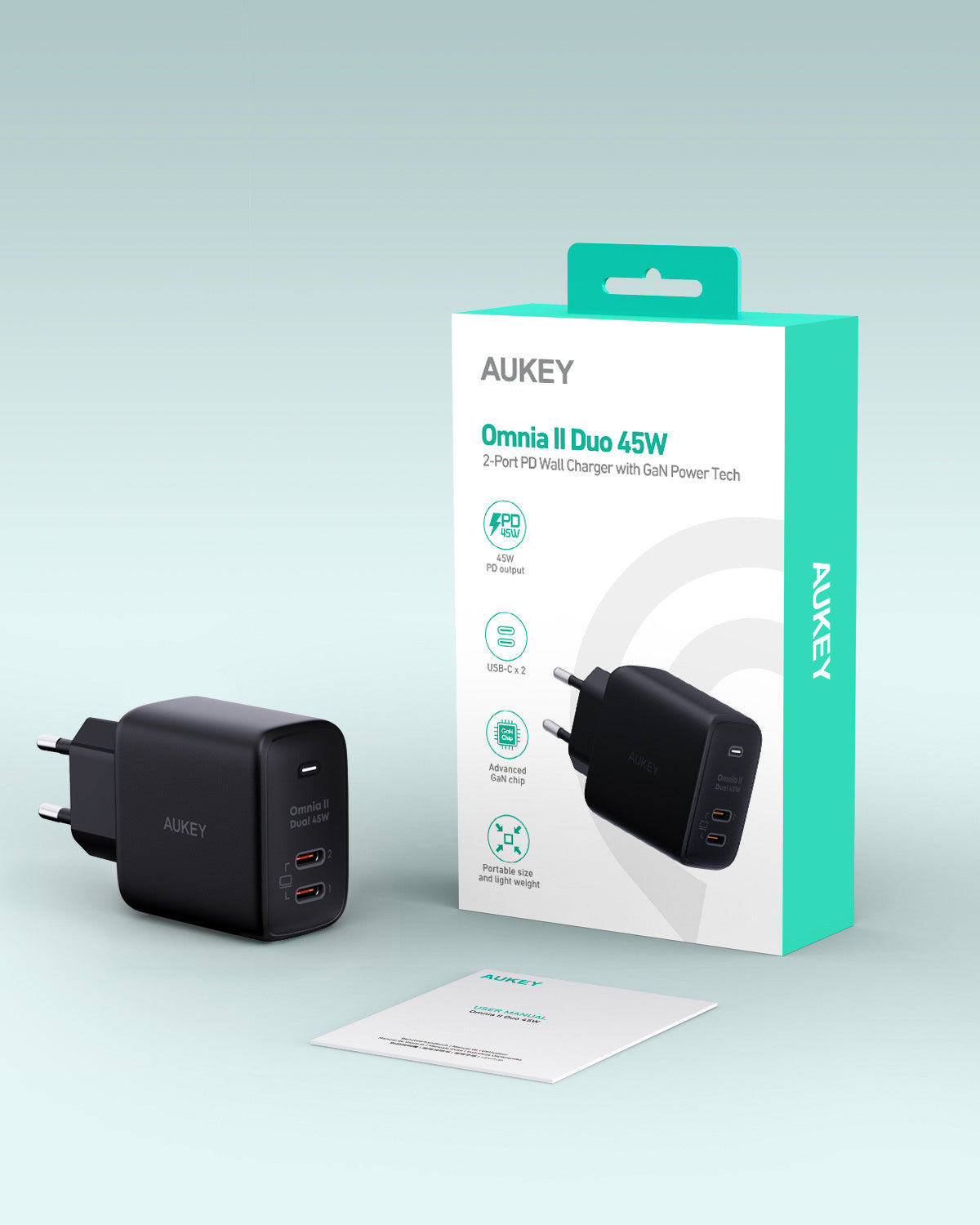 AUKEY Omnia II Dual 45W GaN PD PA-B4T BK 2-Port USB-C Wall Charger B.