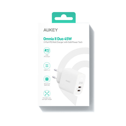 AUKEY Omnia II Dual 45W GaN PD PA-B4T WH 2-Port USB-C Wall Charger W.