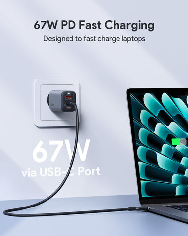 AUKEY OmniaMix II 67W GaN PD PA-B6U GY 3-Port, Wall Charger