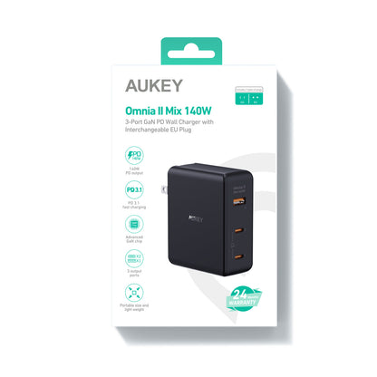 AUKEY OmniaMix II 140W GaN PD PA-B7O BK 3-Port, Wall Charger Black