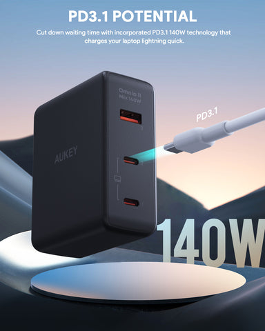 AUKEY OmniaMix II 140W GaN PD PA-B7O BK 3-Port, Wall Charger Black