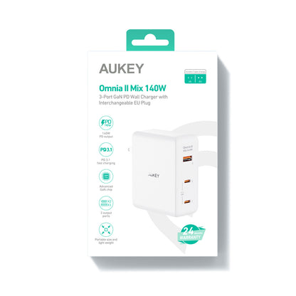 AUKEY OmniaMix II 140W GaN PD PA-B7O WH 3-Port, Wall charger White