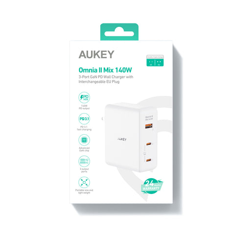 AUKEY OmniaMix II 140W GaN PD PA-B7O WH 3-Port, Wall charger White