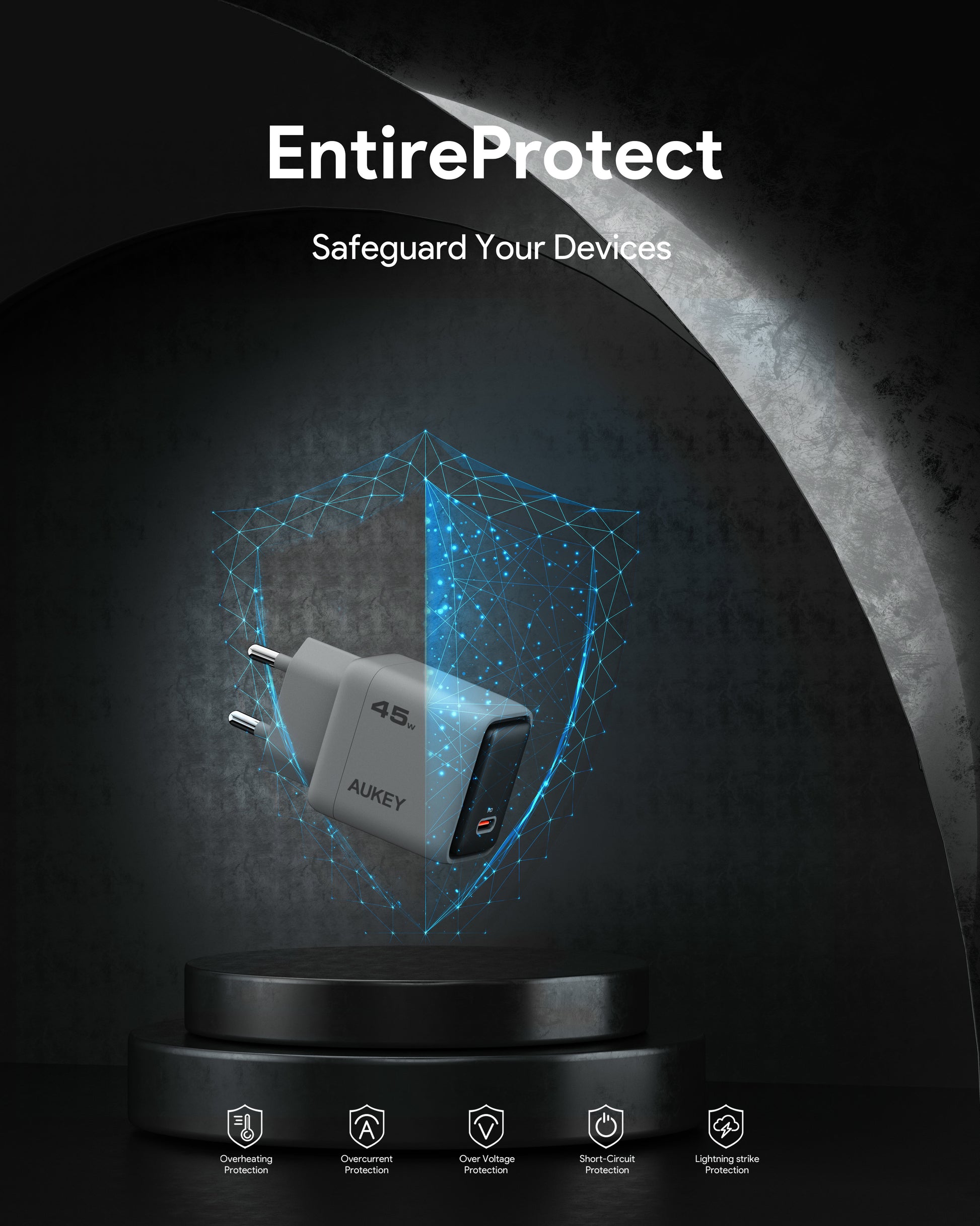 AUKEY Comet 45W GaN PD PA-C2 1-Port, Wall Charger Grey