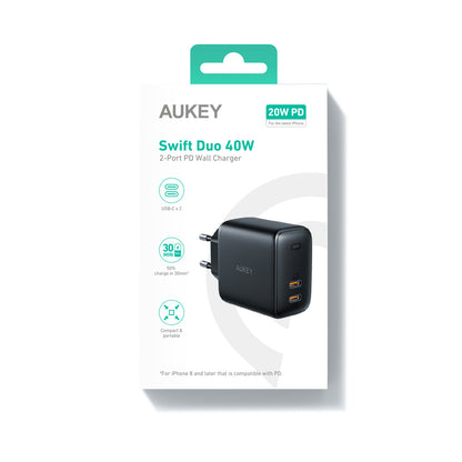 AUKEY SwiftDuo 40W PD 2-Port USB-C PA-R2S BK Portable Wall Charger Black