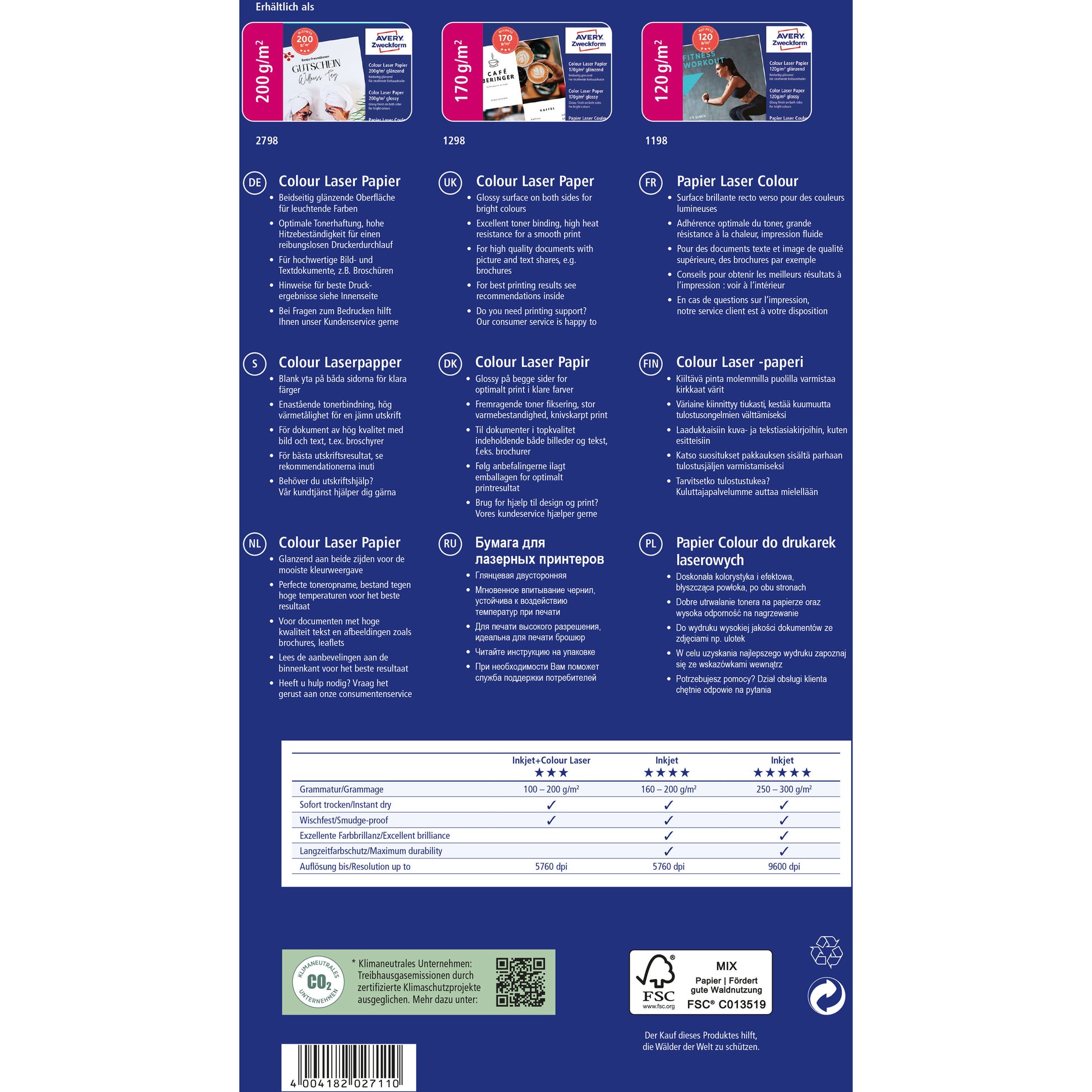 AVERY ZWECKFORM Laser Fotopapier A4 1298Z 170g, weiss 150 Blatt
