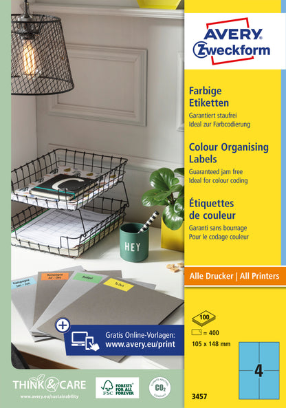 AVERY ZWECKFORM Etiketten 105x148mm 3457 Universal, blau 10Bl./4St.