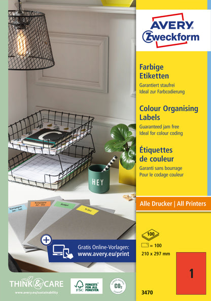 AVERY ZWECKFORM Etiketten A4 3470 rot 100 Stück