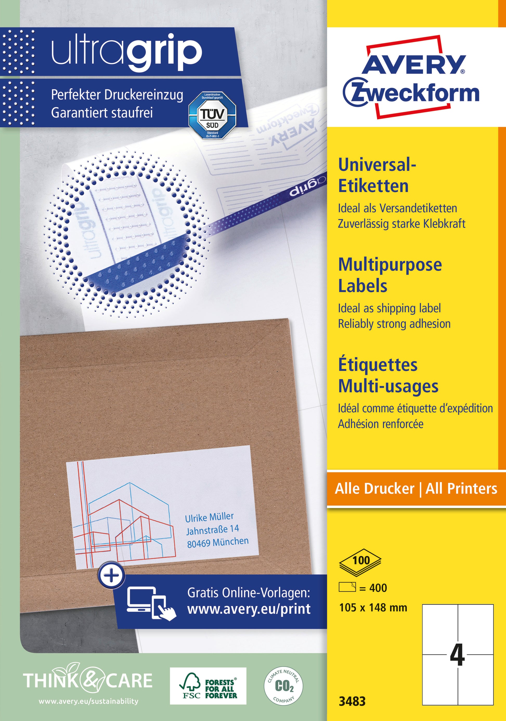 AVERY ZWECKFORM Universal-Etiketten 105x148mm 3483 weiss 400 Stk./100 Blatt