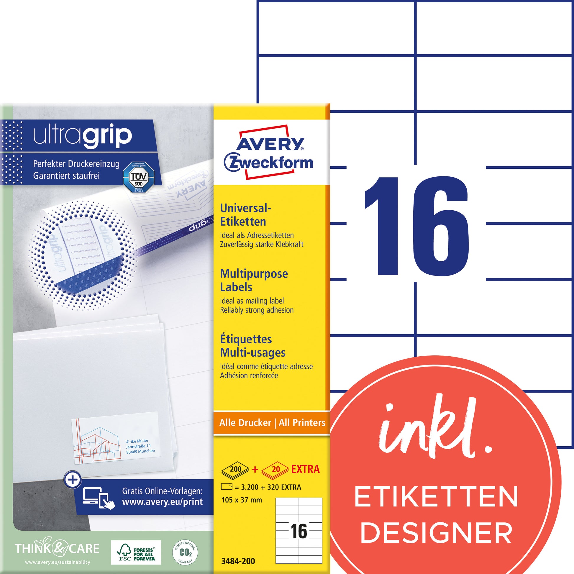 AVERY ZWECKFORM Etiketten 105×37mm 3484-200 weiss 3520 Stk./200+20 Blatt