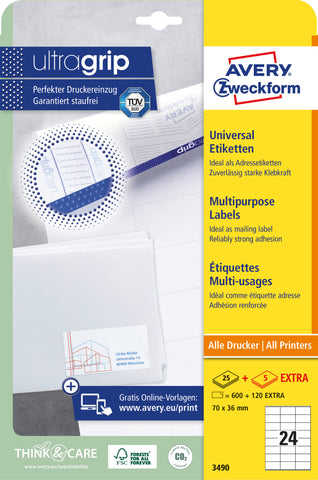 AVERY ZWECKFORM Universal-Etiketten 70x36mm 3490 weiss 720 Stk./25 + 5 Blatt