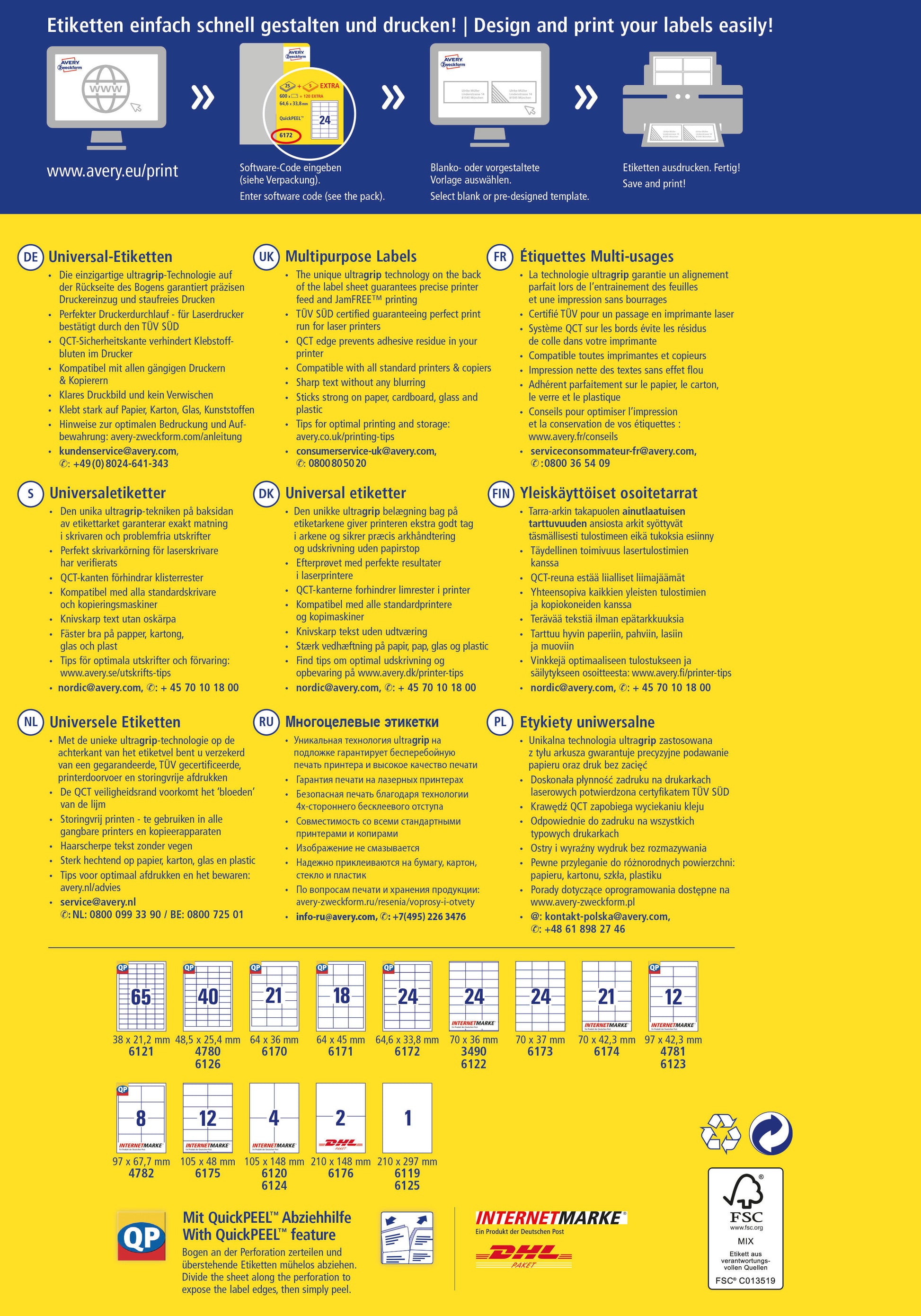 AVERY ZWECKFORM Universal-Etiketten 70x36mm 3490 weiss 720 Stk./25 + 5 Blatt